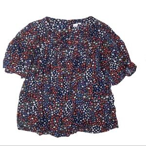 Gap Pintuck Mini Floral Flowy Blouse Short Sleeve Blue M